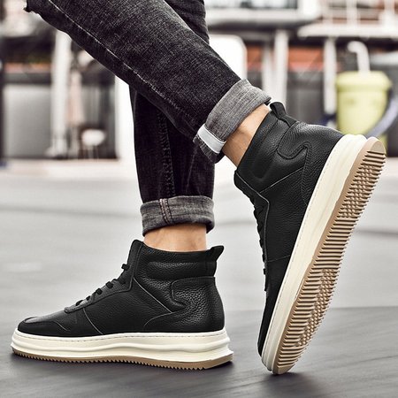 Men's Autumn/Winter Genuine Leather High-Top White Sneakers with Warm Fleece Lining